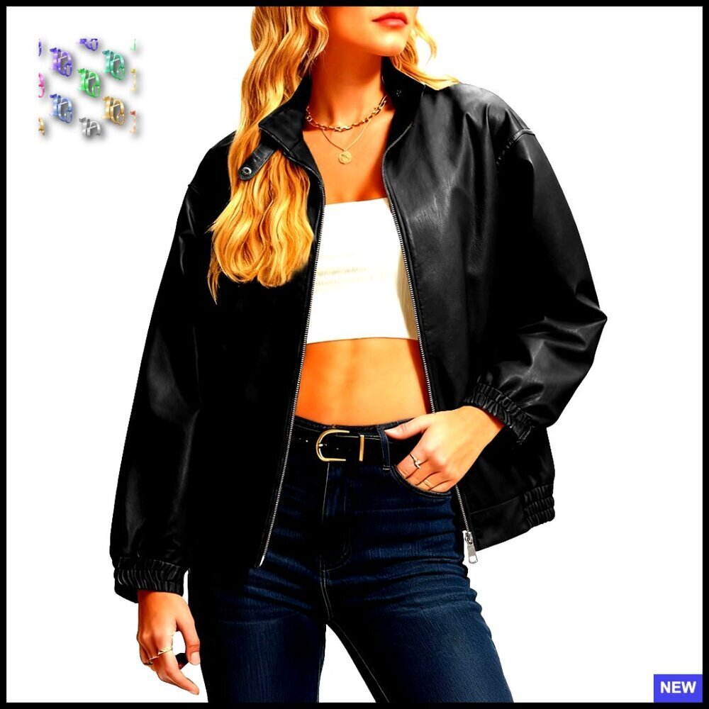 Oversized Faux Leather Bomber Jacket Y2K Chic Motorcycle Style Double Zipper